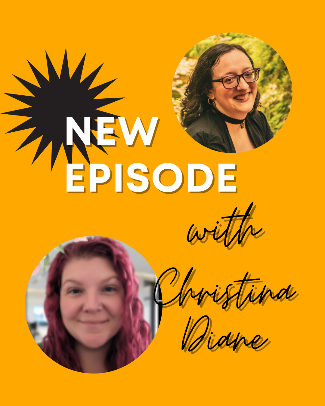 Yellow background with white text that says new episode, with black script reading with Christina Diane. Pics of Leani Lopez and Christina Diane.