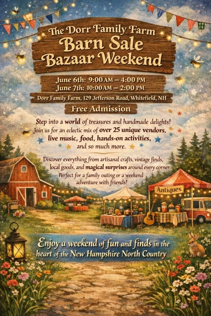 Large flyer with an old fashioned image of a barn sale, saying The Dorr Family Farm Barn Sale Bazaar Weekend