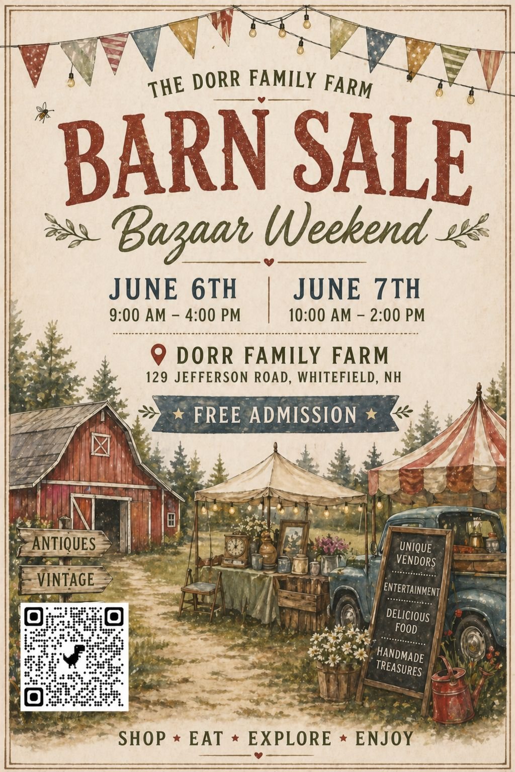 A flyer that reads The Dorr Family Farm Barn Sale Bazaar.