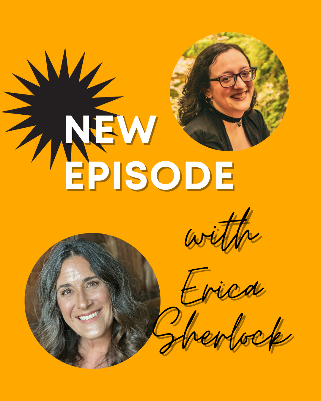 Yellow background with white text that says new episode, with black script reading with Erica Sherlock. Pics of Leani Lopez and Erica Sherlock. 
