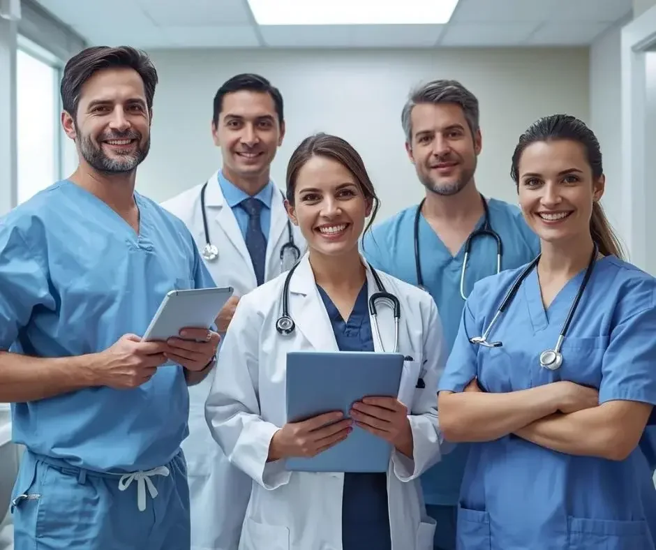 A group of healthcare specialists standing together for a photo in a bright professional setting.