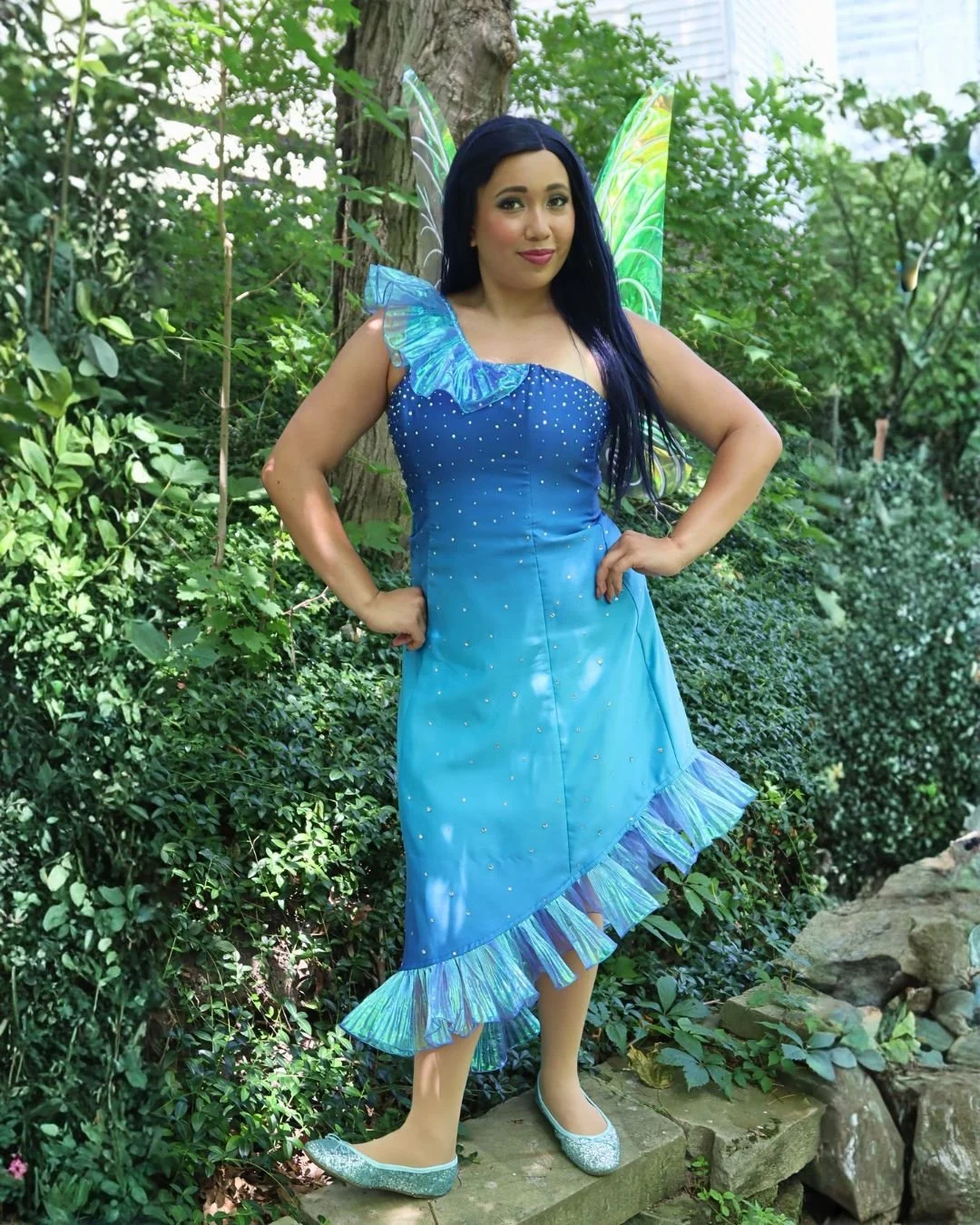 Water Fairy - Thrifted dress reworked with organza ruffle trim, corseting, and rhinestones 