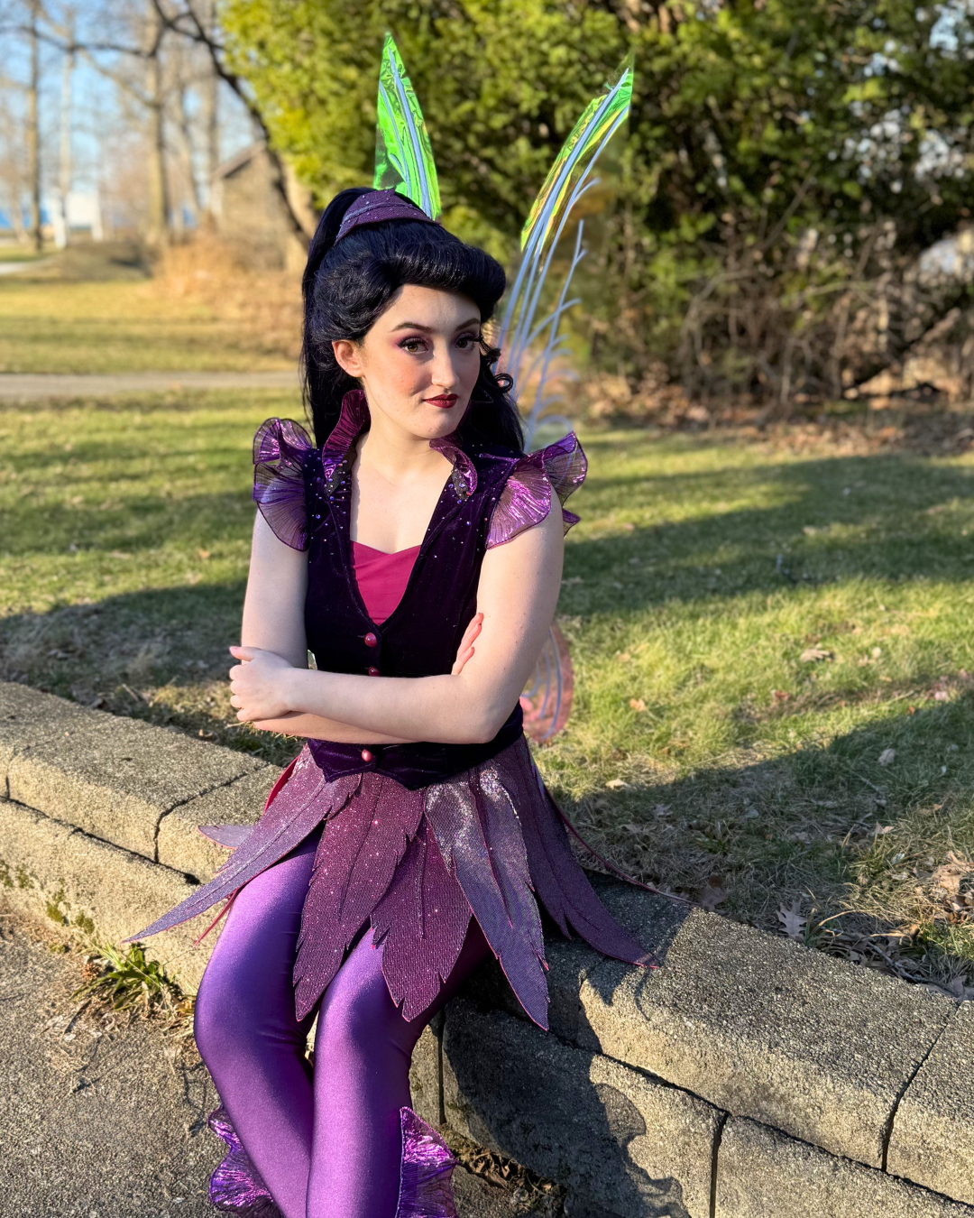 Fast Flying Fairy - Vest and leggings reworked with organza ruffle trim and rhinestones. Feather skirt made with stiff felt and heat transferred shiny jersey knit.