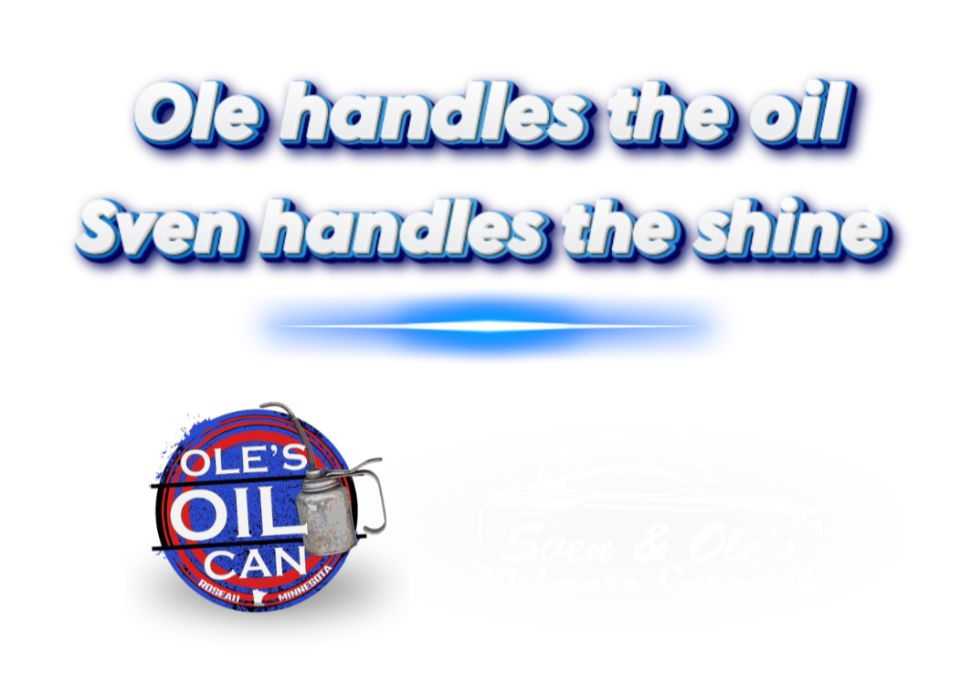 A graphic with the text 'Ole handles the oil, Sven handles the shine' in blue and white letters, with a logo for 'Ole's Oil Can' featuring an oil can, and a stylized car outline with the text 'Sven & Ole's Ultimate Car Wash' along with a blue horizontal line.