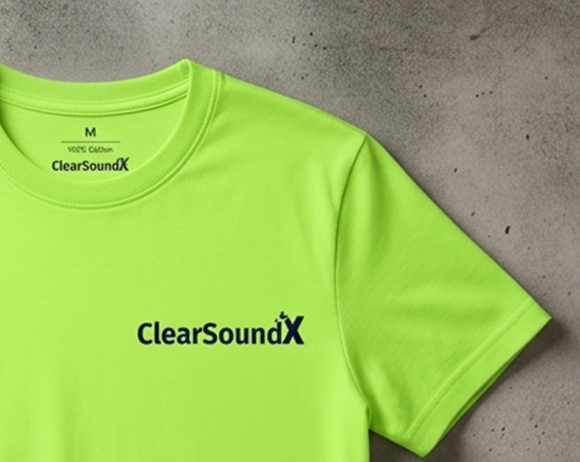 Bright yellow-green athletic t-shirt with 'ClearSoundX' logo printed on the front.