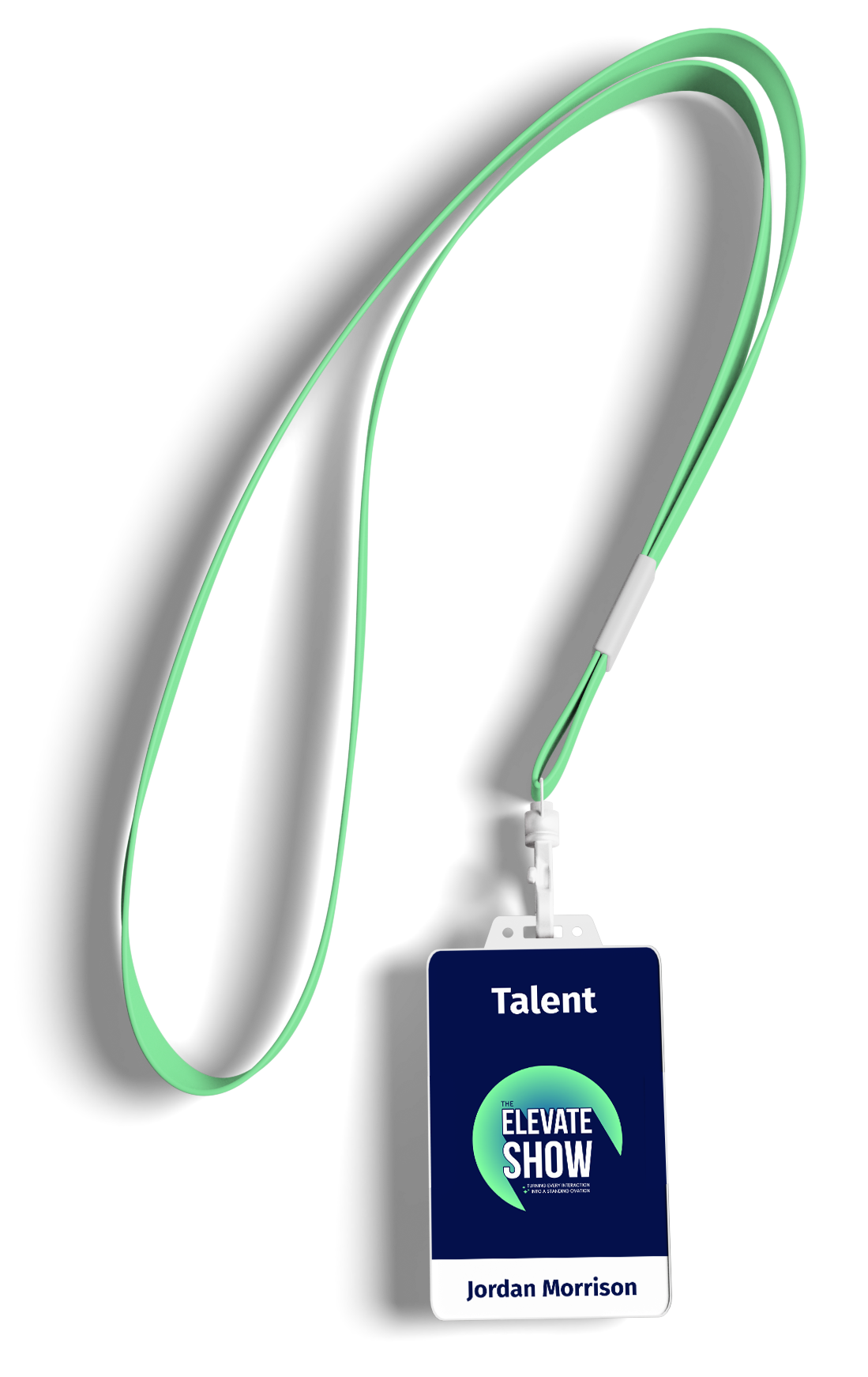 Conference name badge with the word 'Talent' and 'Jordan Morrison' hanging from a green lanyard.