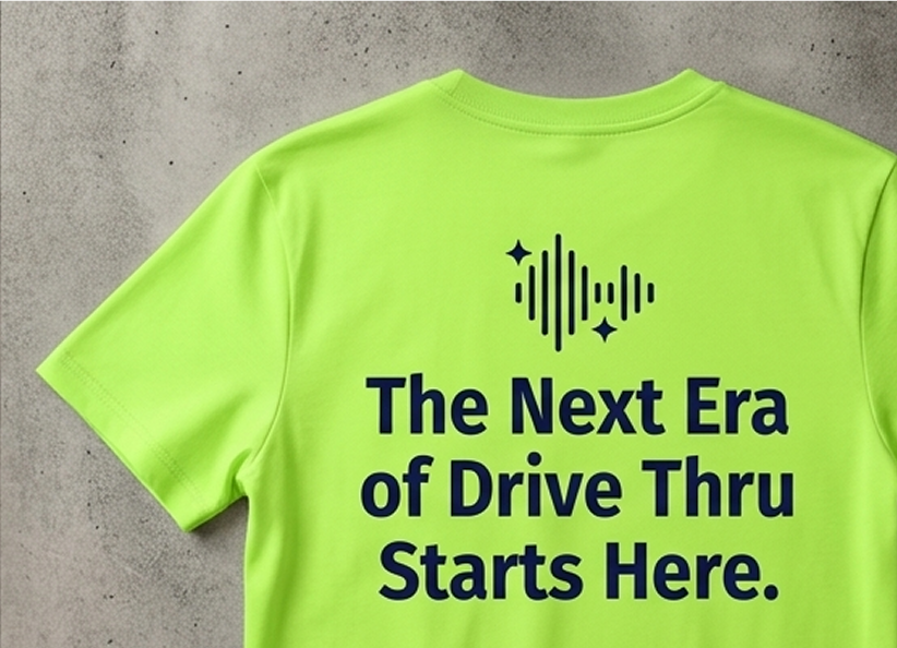Bright yellow-green t-shirt with text 'The Next Era of Drive Thru Starts Here' and sound wave graphic