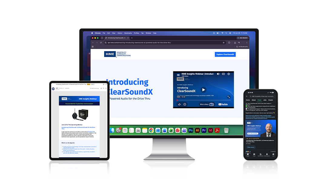 Multiple electronic devices displaying a webinar for ClearSoundX, including a desktop monitor, tablet, and smartphone, with app icons and event details visible.
