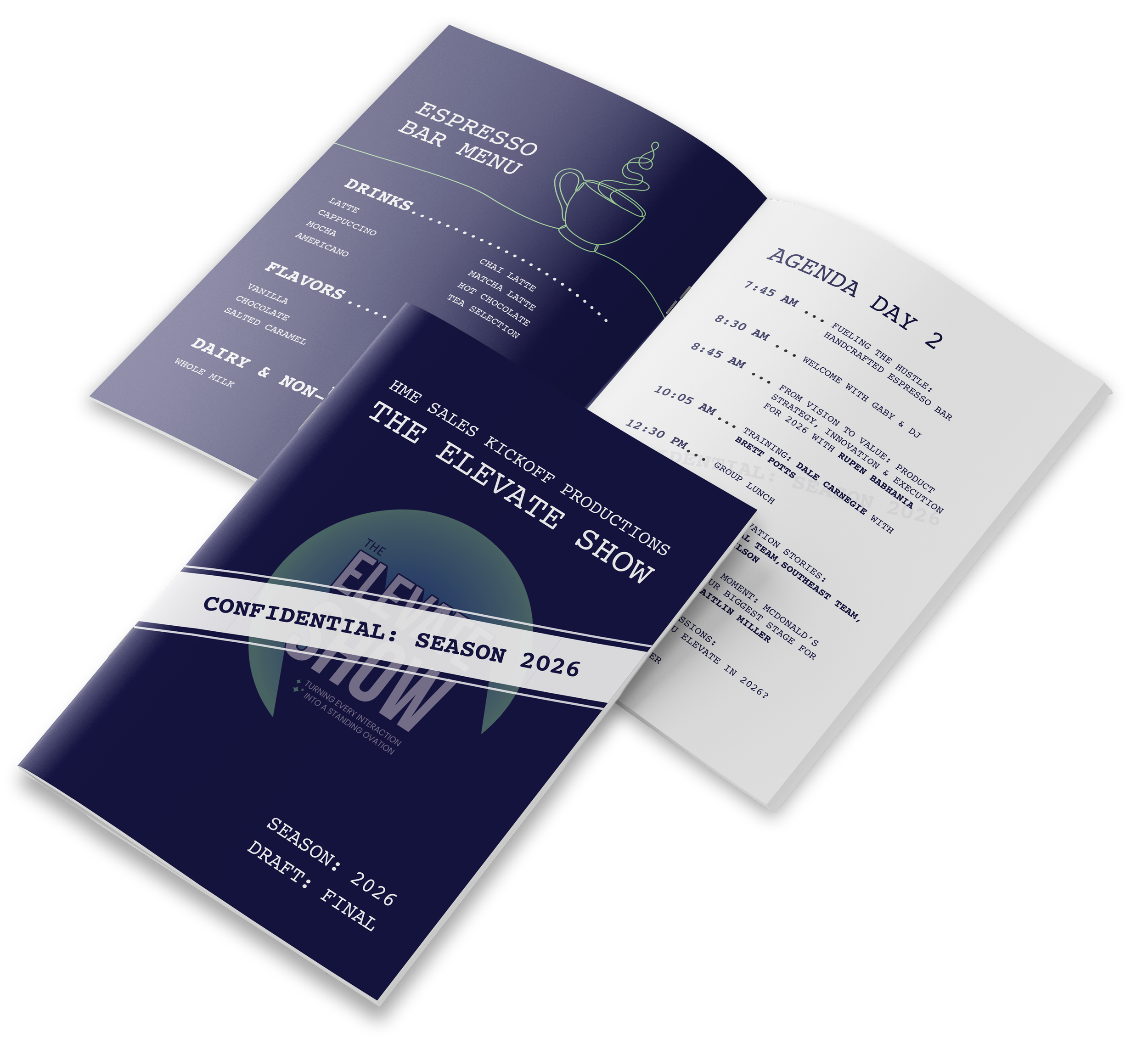 A brochure for The Elevate Show, Season 2026, featuring a dark blue cover with a logo and white text, along with a three-page schedule and menu inside.