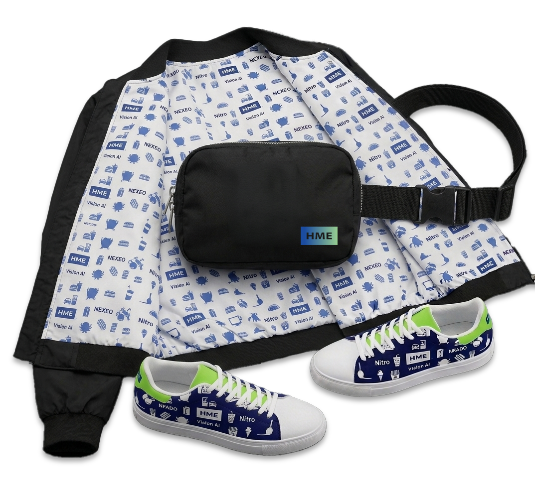 Open black jacket with white and blue patterned lining, black waist bag with HME logo, white sneakers with blue and green accents, all featuring logos and graphics.