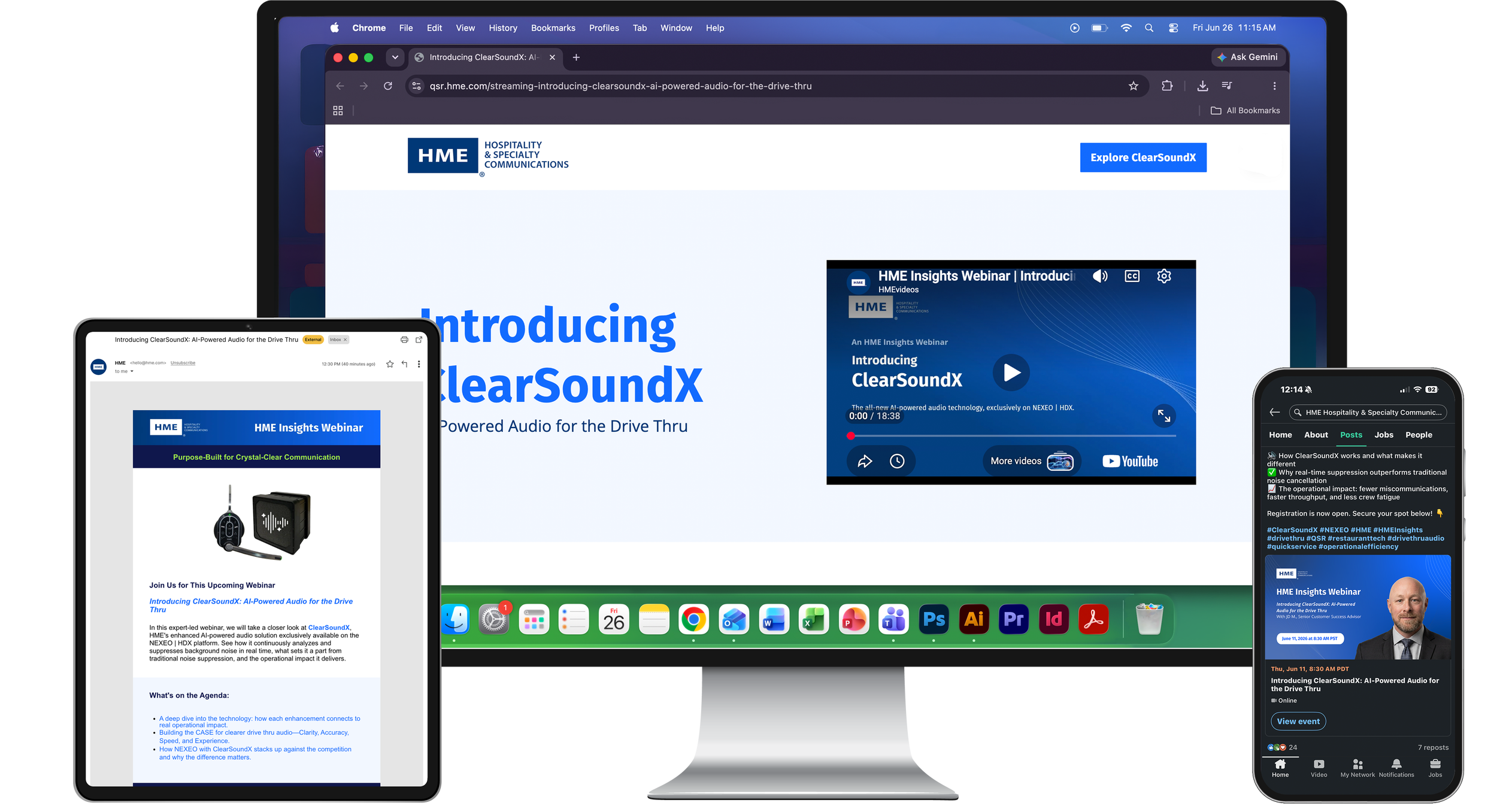 Screenshot of multiple devices displaying a webinar about ClearSoundX audio technology, including a laptop, tablet, and smartphone, with the webinar presentation on screen and related content about the product.