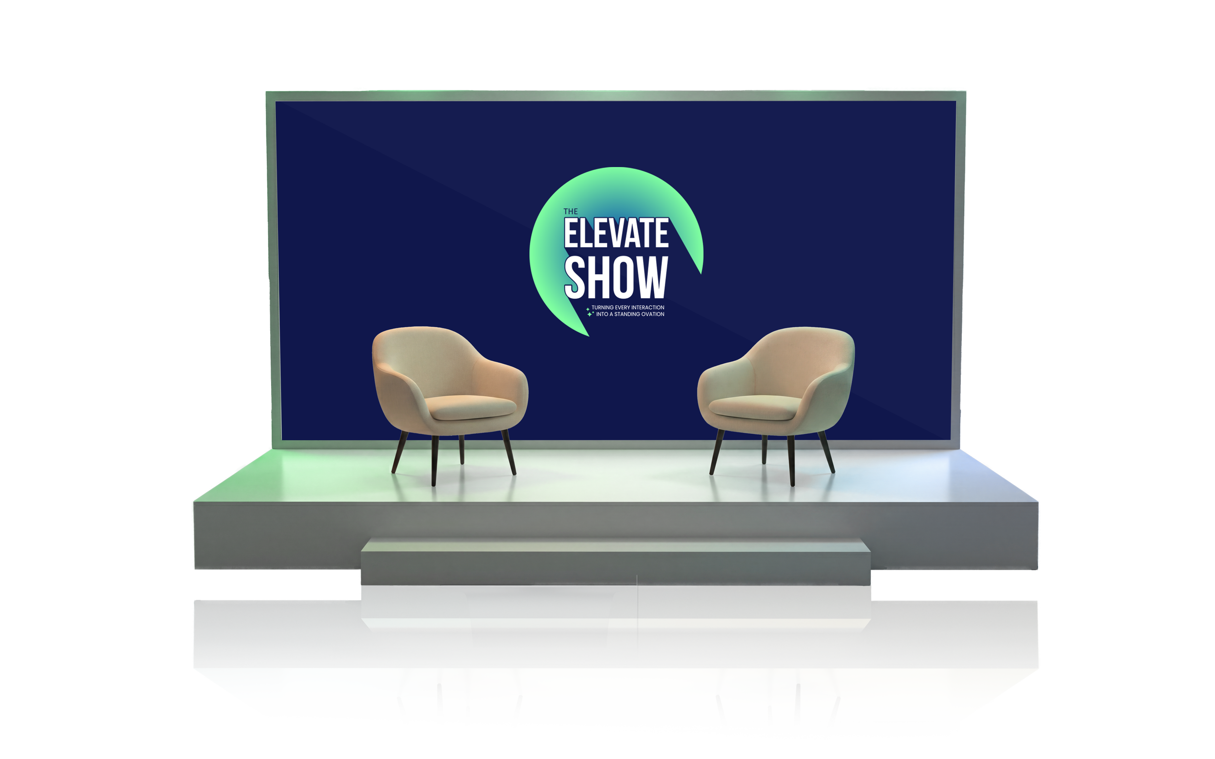 Stage setup with two beige armchairs on a platform, a large screen displaying the logo for 'The Elevate Show' with dark blue background and green accents, and a reflective floor.