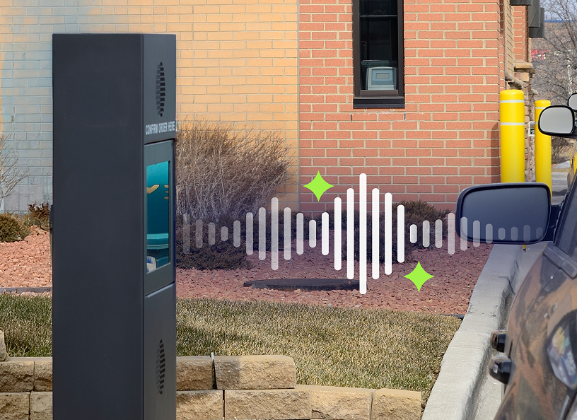 Parking lot with a parking meter, nearby bushes, a brick building, a parked car, and the ClearSoundX sound wave graphic.