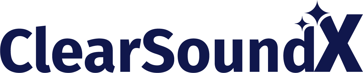 Logo of ClearSoundX in dark blue text with a star accent in the upper right corner.