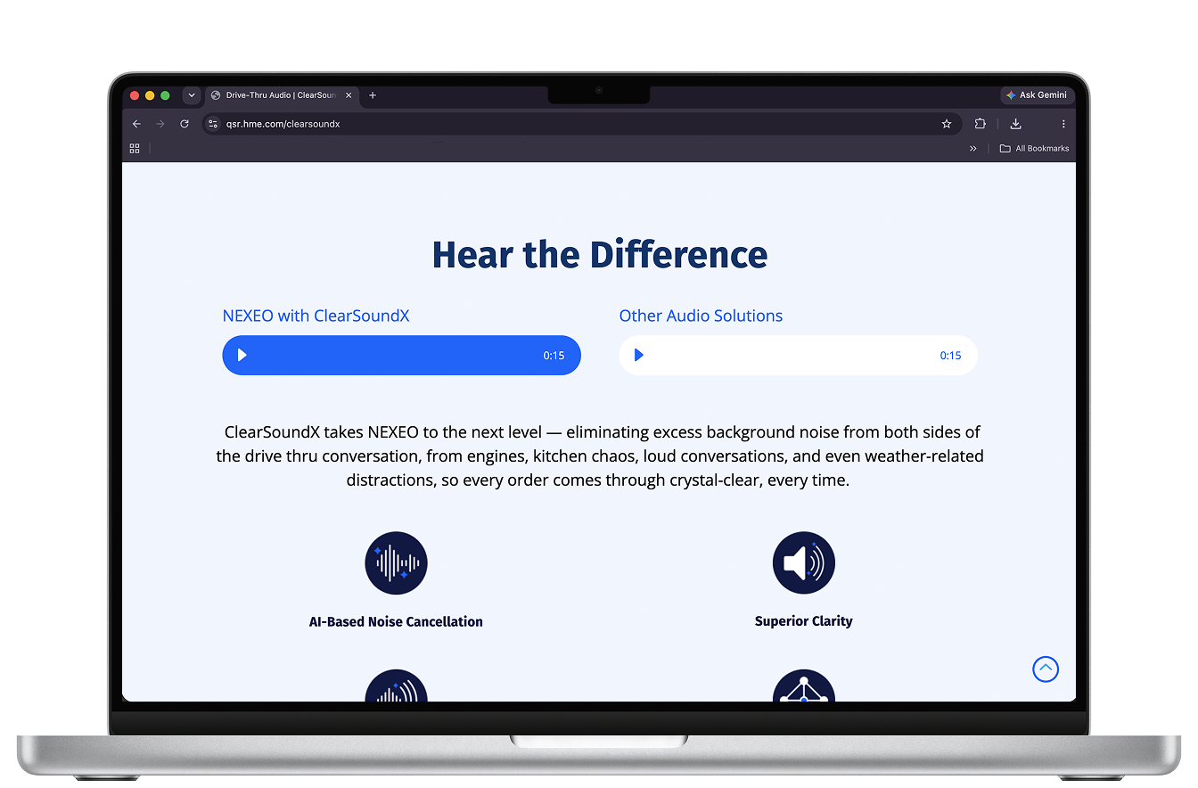 Computer screen displaying a webpage comparing audio solutions. The page has a heading 'Hear the Difference' with two audio players below, one labeled 'NEXEO with ClearSoundX' and the other 'Other Audio Solutions,' both with 15-second play buttons. The webpage also includes descriptive text and icons representing features like AI-based noise cancellation and superior clarity.