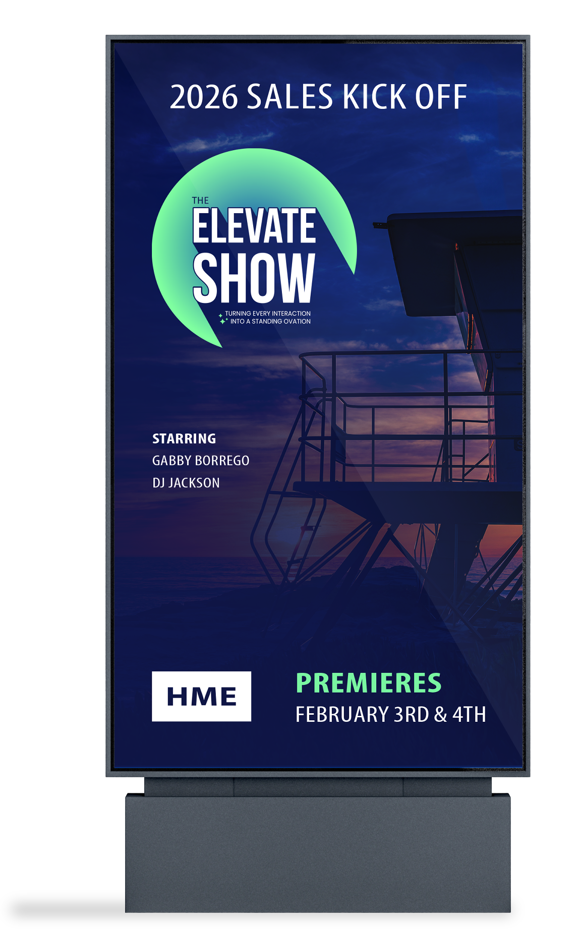Digital poster for the Elevate Show's 2026 sales kickoff event featuring sunset over the ocean with a lifeguard tower. The poster promotes the event's premiere dates on February 3rd and 4th, starring Gabby Borrego and DJ Jackson, with HME branding.