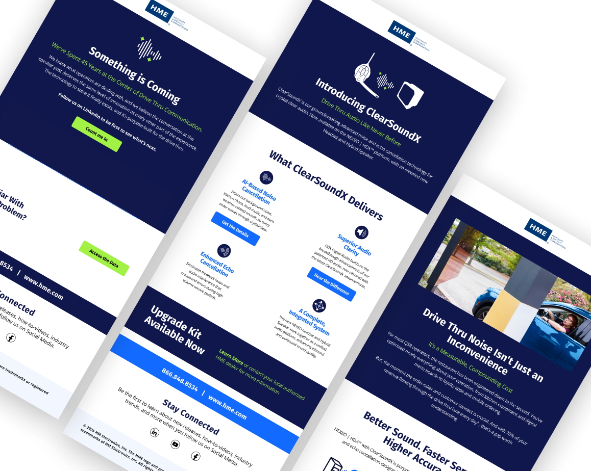 A series of 3 emails for ClearSoundX includes the prelaunch, launch, and post launch designs.