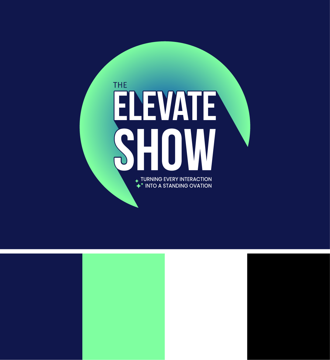 Logo for The Elevate Show with the tagline 'Turning every interaction into a standing ovation' on a dark background with a green and blue circular graphic.