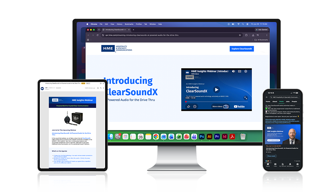 Electronic devices displaying a webinar and webpage about ClearSoundX hearing technology, including a desktop monitor, tablet, and smartphone.
