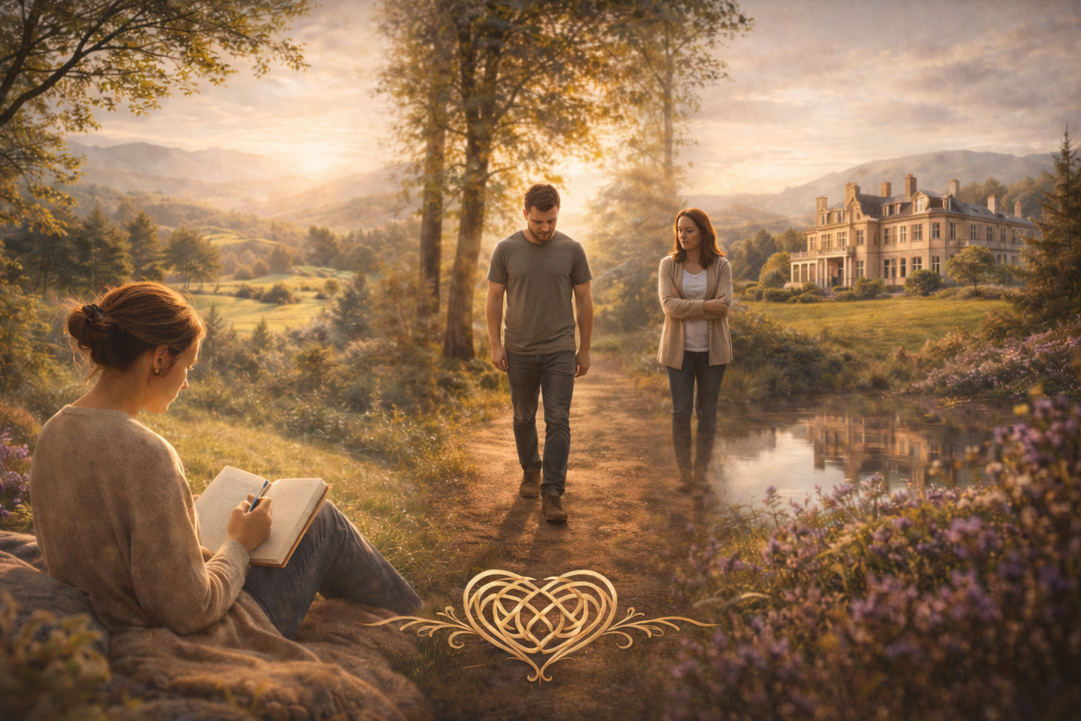 A surreal scene of three people: a woman reading a book while sitting on a rock on the left, and a man and a woman walking on a path near a pond in a scenic landscape with trees, mountains, and a large house in the background during sunset. A decorative heart shaped design is in the foreground at the bottom center.