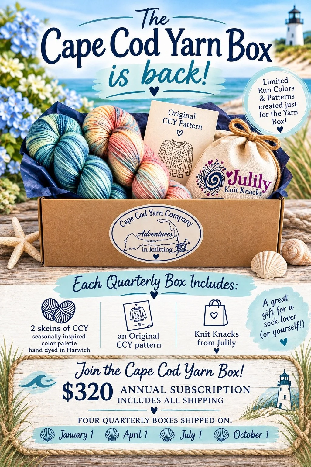 Cape Cod Yarn Quarterly Yarn Box Subsciption.