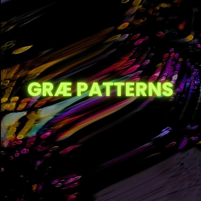 Bright green neon text says 'GRAE PATTERNS' on a colorful abstract background with streaks of pink, purple, yellow, and blue.