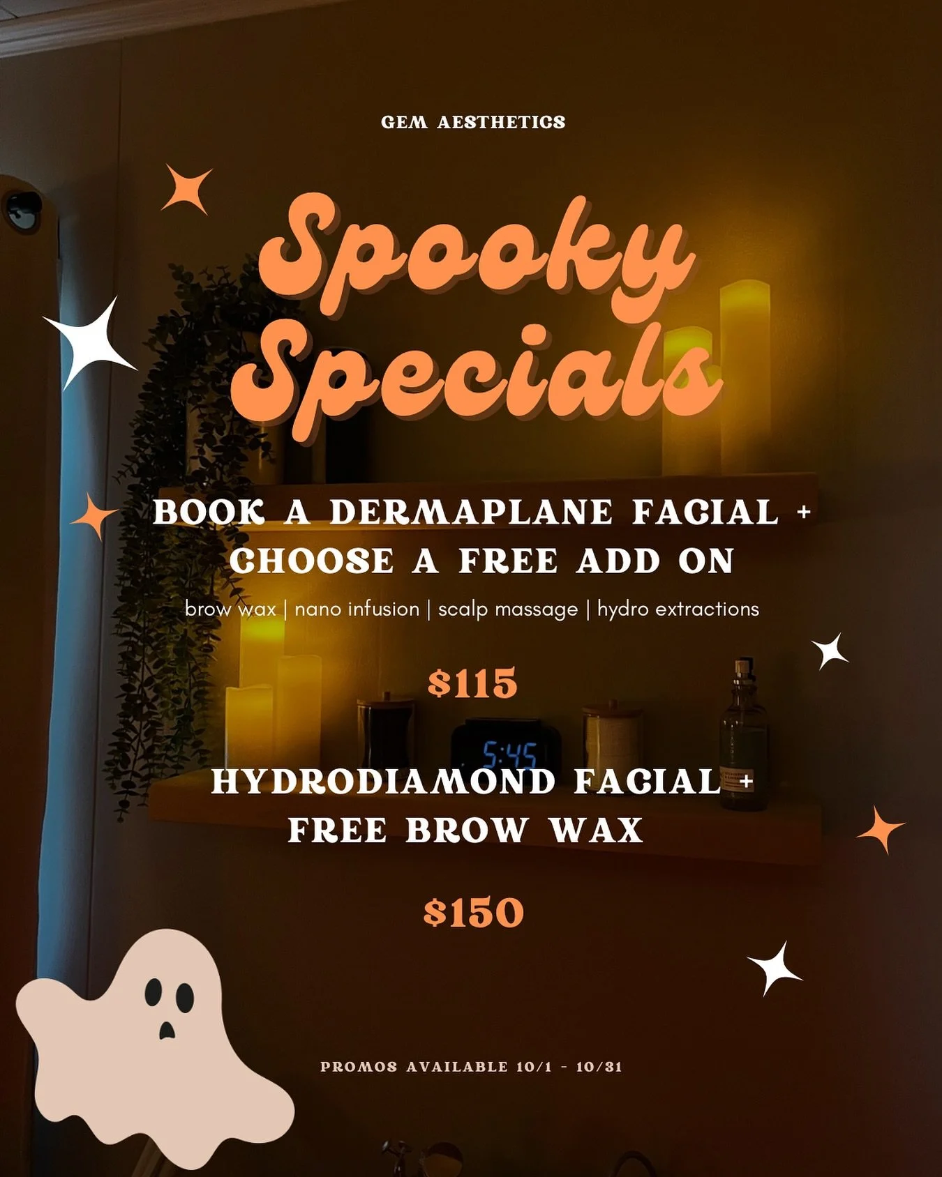 Glowing skin meets spooky season 👻💫

🎃 Dermaplane Facial with your choice of a FREE add-on (brow wax, nano infusion, scalp massage, or hydro extractions)
Normally $140&ndash;$165 &rarr; Special $115

🎃 HydroDiamond Facial + FREE Brow Wax
Normally