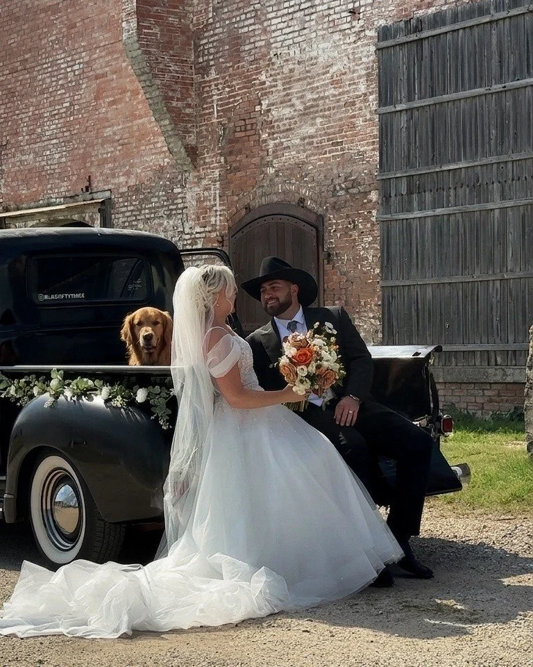 Congrats Clint &amp; Erin 💚 Love these pics from their wedding at @mckinneycottonmillweddings  with their sweet golden boy!

Vehicle: 1953 Chevrolet 3100 pickup. Book it today the the link in our bio! 

Photos screencapped from video by @jandroby.me