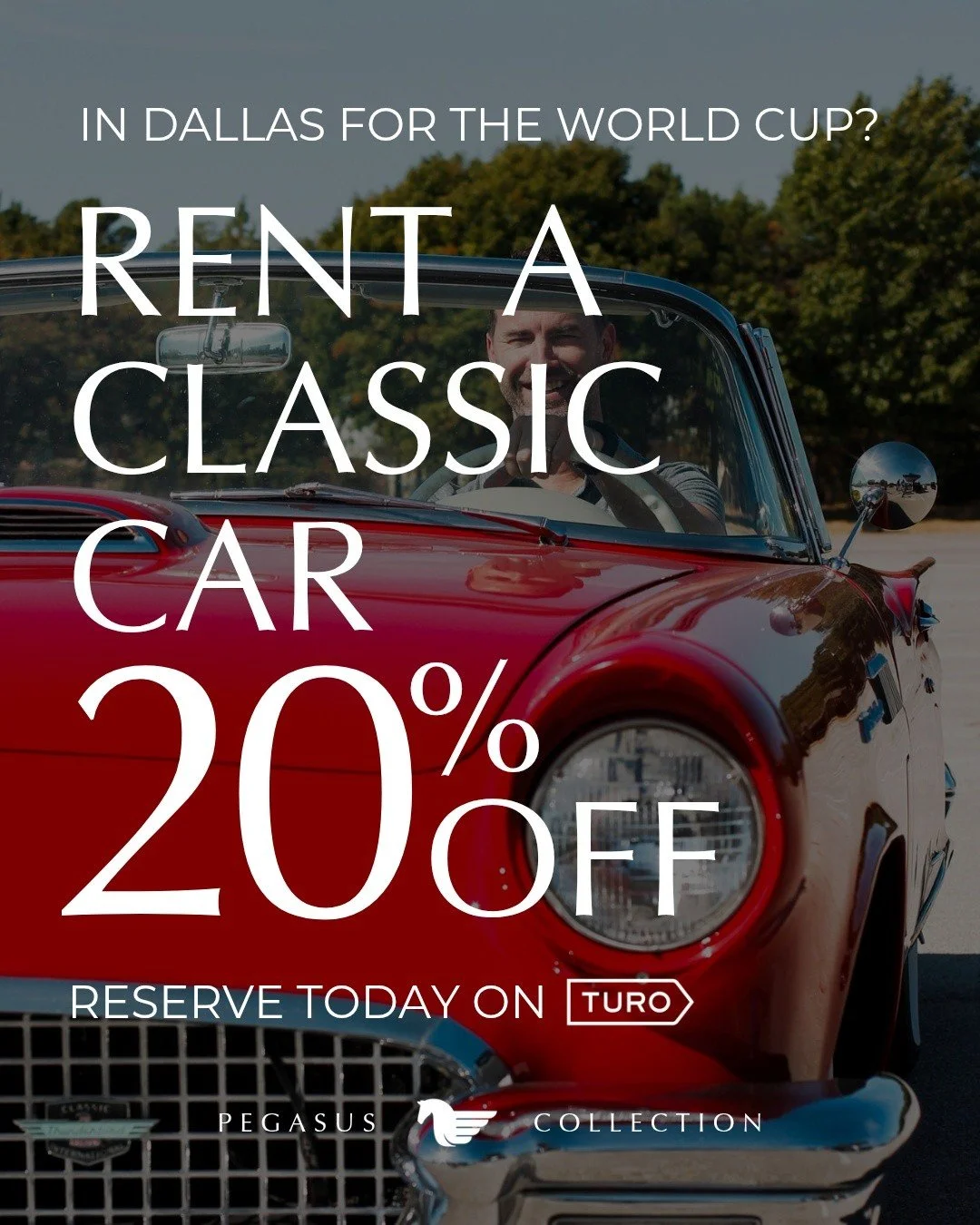 Coming to Dallas for the World Cup? Skip the boring rental car and spend your trip in and iconic classic car from Pegasus Collection!

We're offering 20% OFF a rental of 3+ days on any of our incredible classics cars! Choose from:

1966 Ford Mustang 