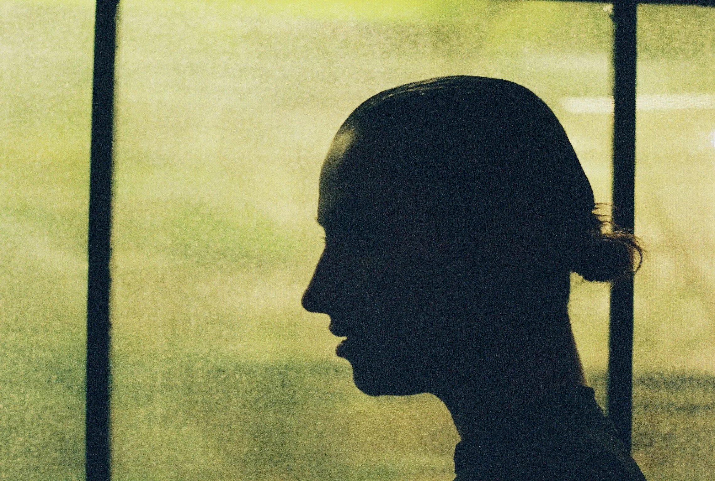 Silhouette of a woman with her hair tied back, looking to the left, in front of a greenish blurred background.