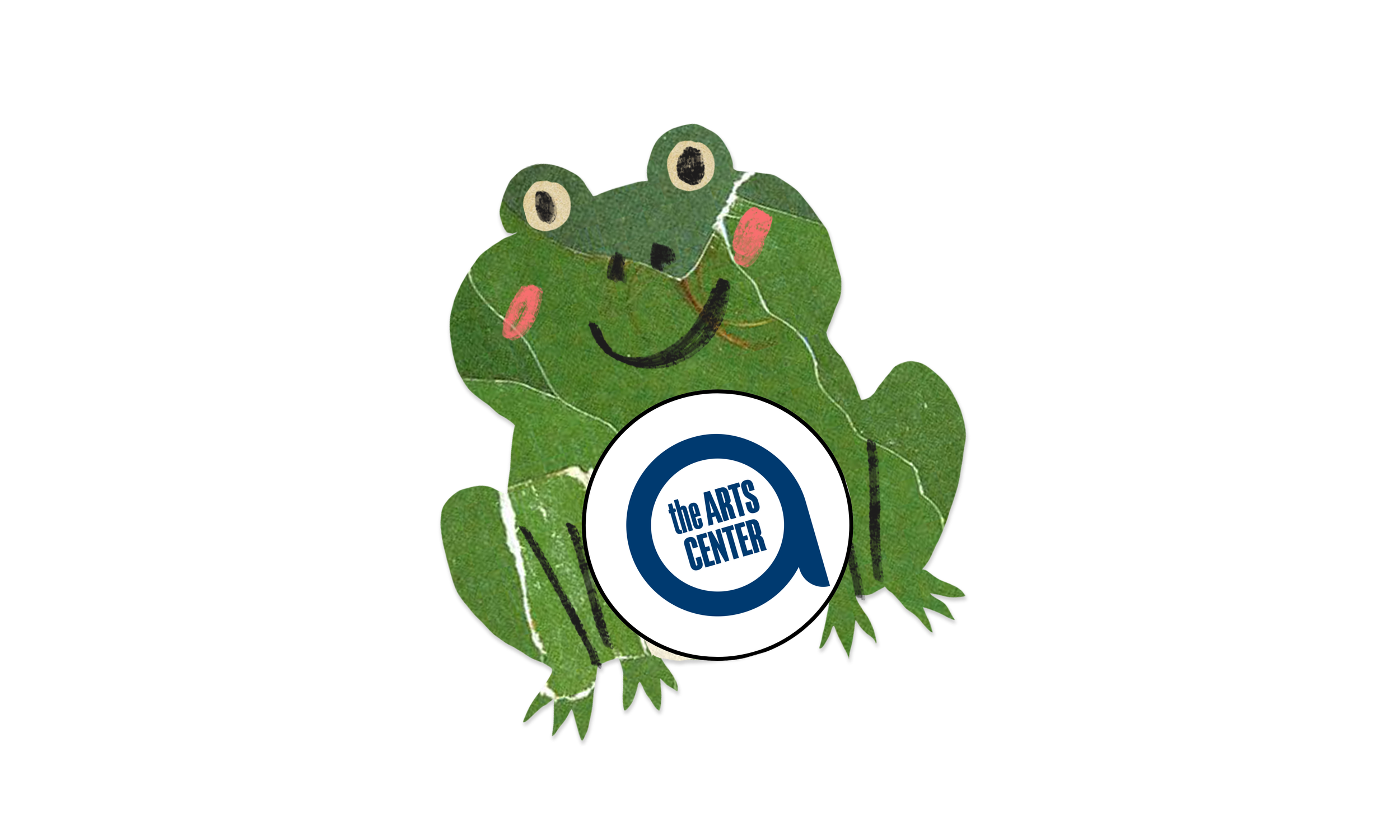 Cartoon illustration of a smiling green frog with pink cheeks, holding a white circle with a blue ring and the text 'the ARTS CENTER' inside.
