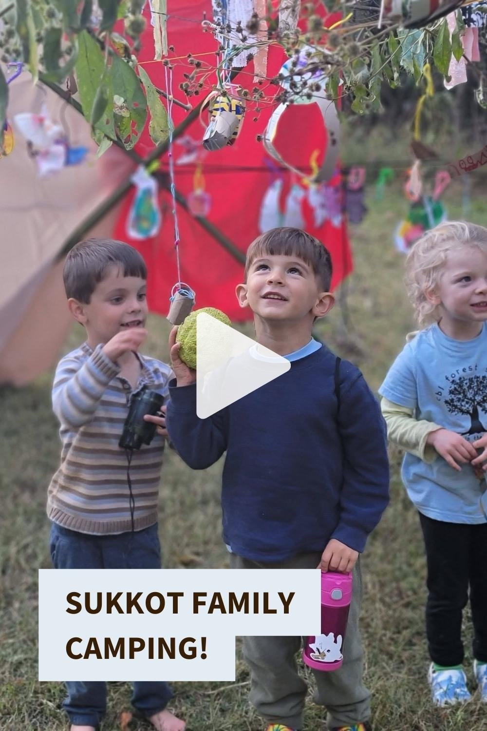 Cover image of children in the Sukkah displaying "Sukkot Family Camping" that opens CBI Forest School Instagram Reel link in new window