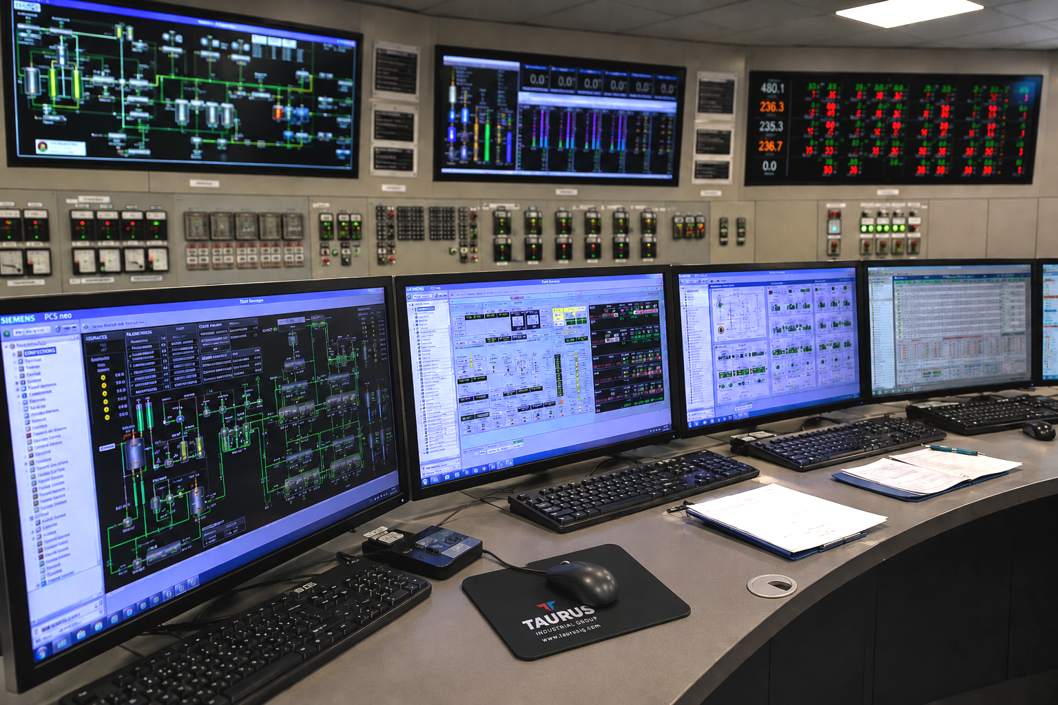 A control room with multiple monitors displaying industrial processes, graphs, and data charts; keyboards, mice, and notebooks on a curved desk.