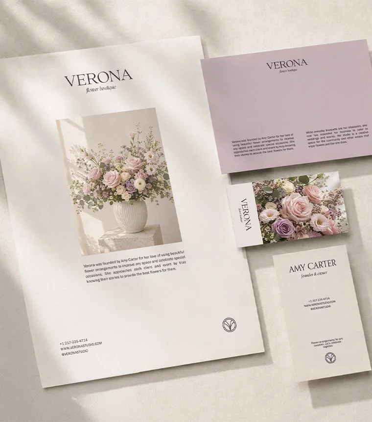 Luxury floral brand design and printed customer touchpoints for Verona