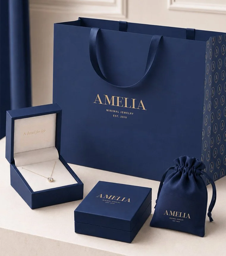Elegant jewelry branding and premium packaging for Amelia