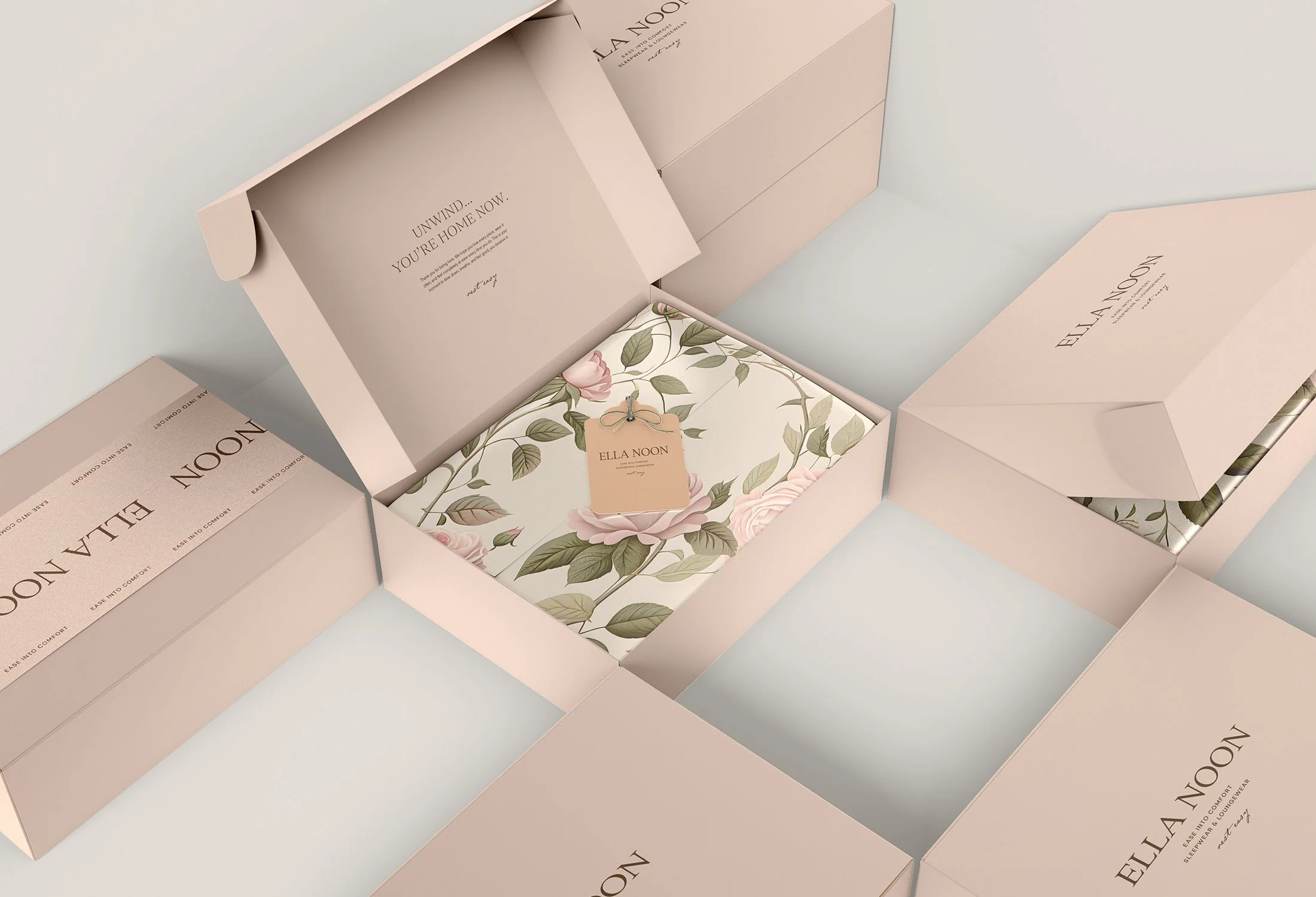 Ella Noon sleepwear brand identity and packaging design by Studio Mer, created with soft minimalism, warmth and quiet elegance.