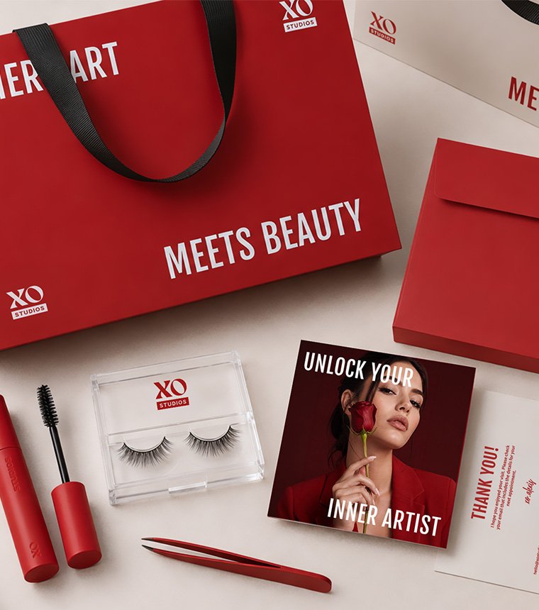 XO Studios lash studio brand identity and beauty packaging by Studio Mer