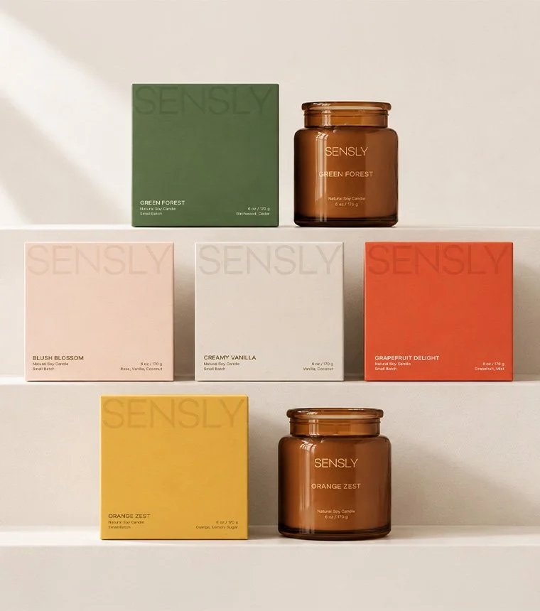 Colorful candle branding and packaging for Sensly soy candles