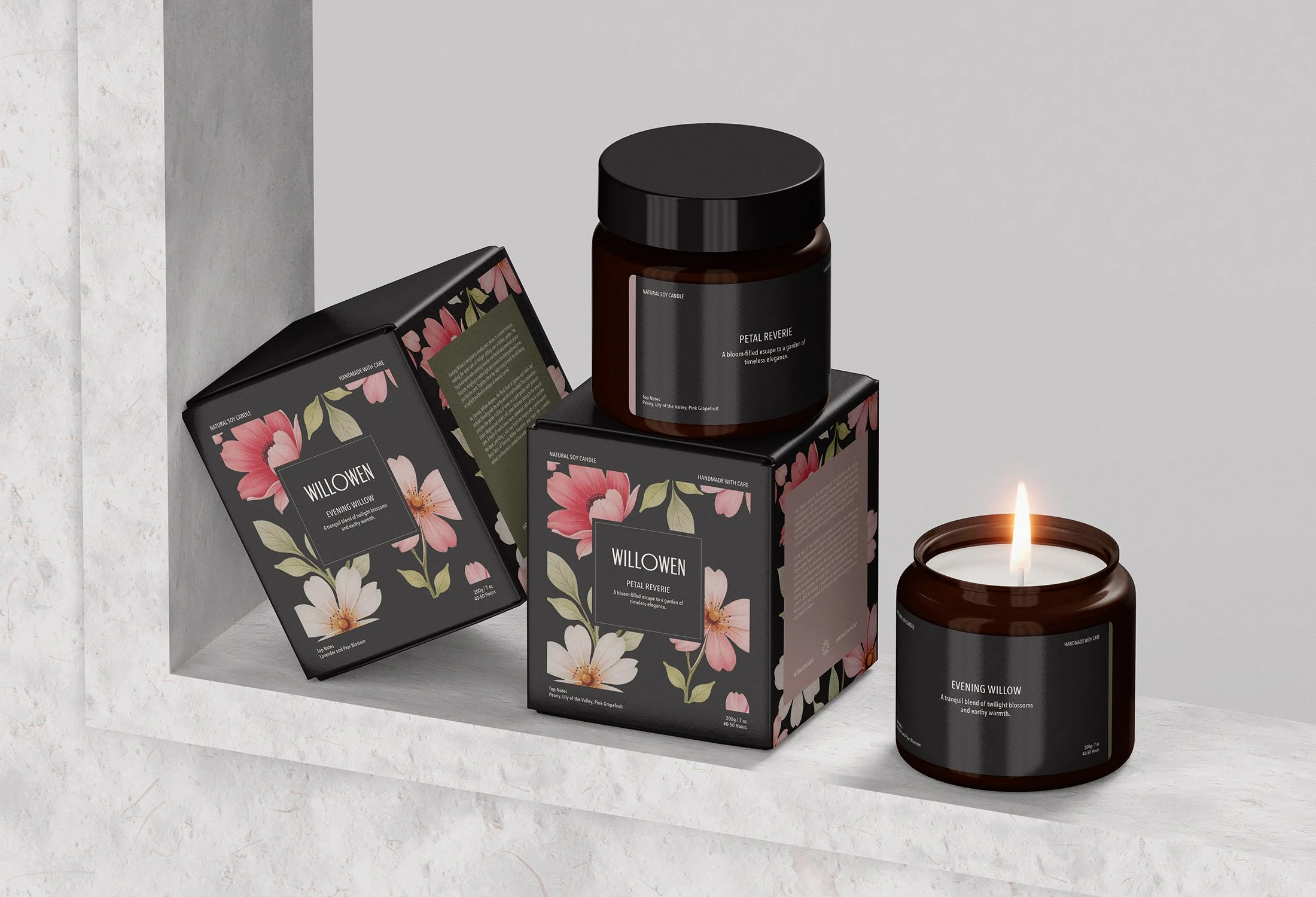 Willowen candle brand identity and packaging design by Studio Mer, inspired by nature, soft florals and understated luxury.