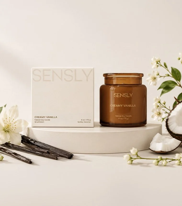 Candle packaging and cohesive brand design for Sensly
