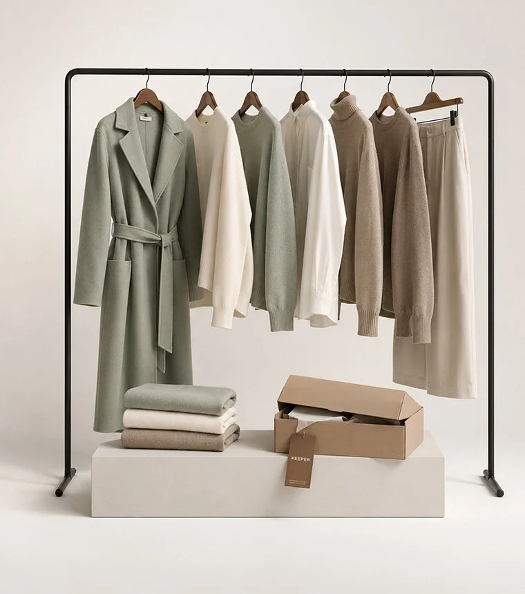 Minimal fashion branding for Keeper's sustainable clothing collection