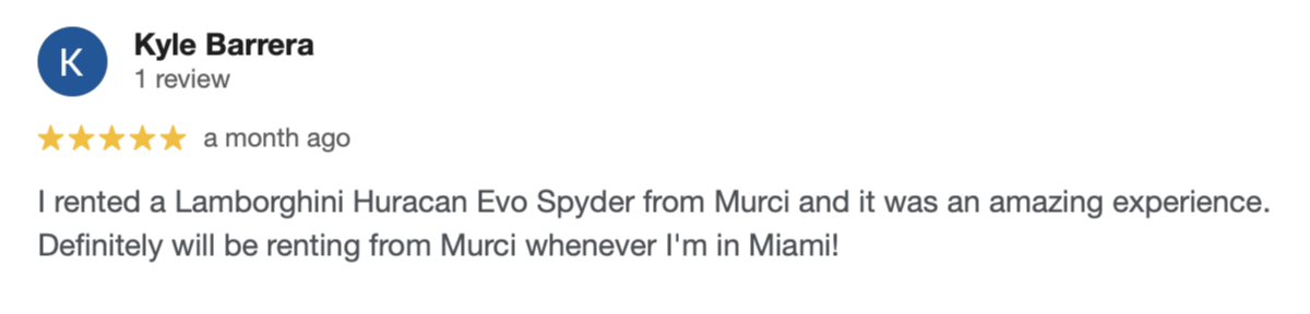 Review of Lamborghini Huracan Evo Spyder rental from Murci in Miami.