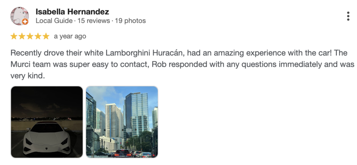 Photos of a white Lamborghini Huracán and a city skyline with tall glass buildings.