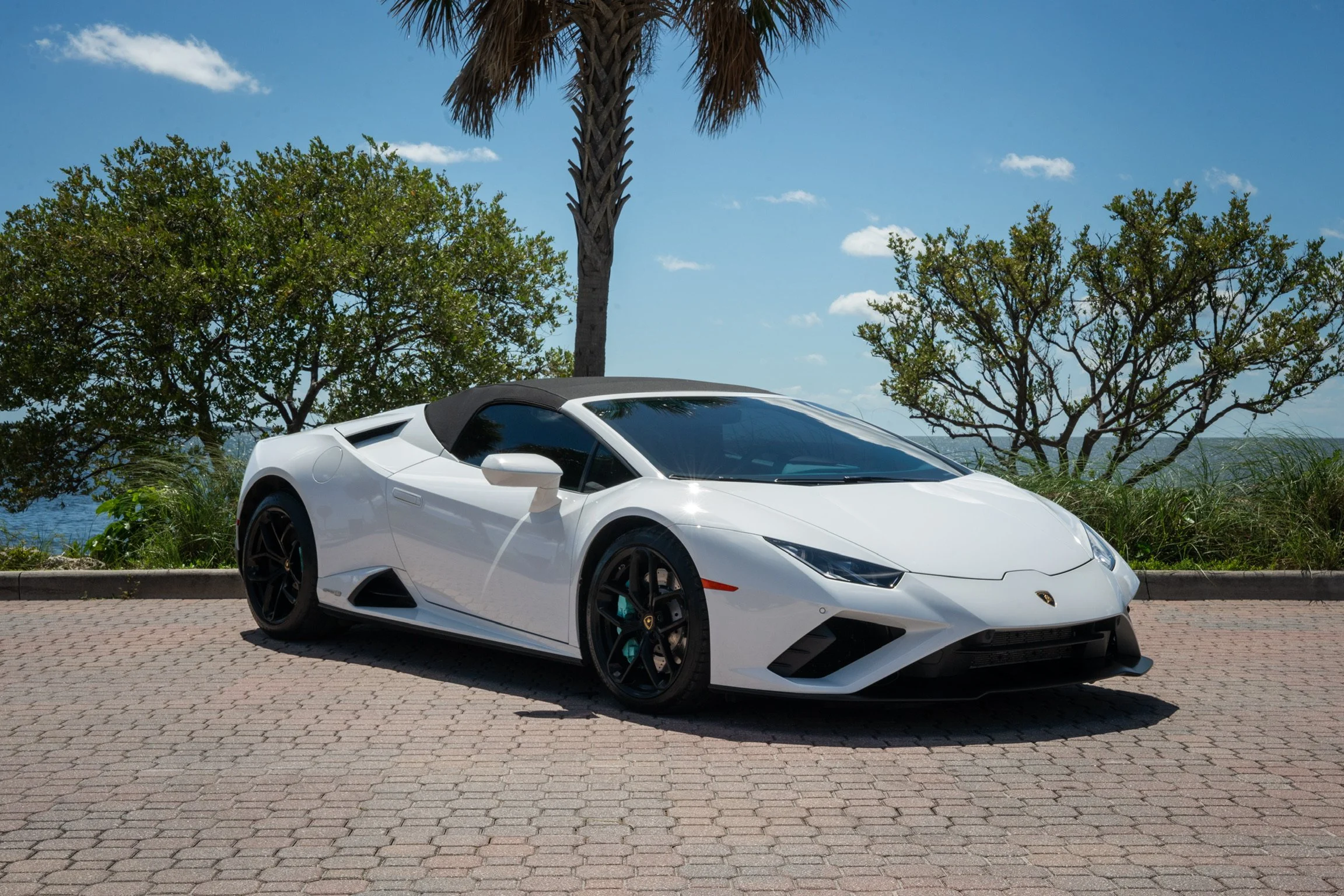 A white Lamborghini convertible sports car parked on a brick pavement near trees and a body of water under a blue sky with some clouds.
