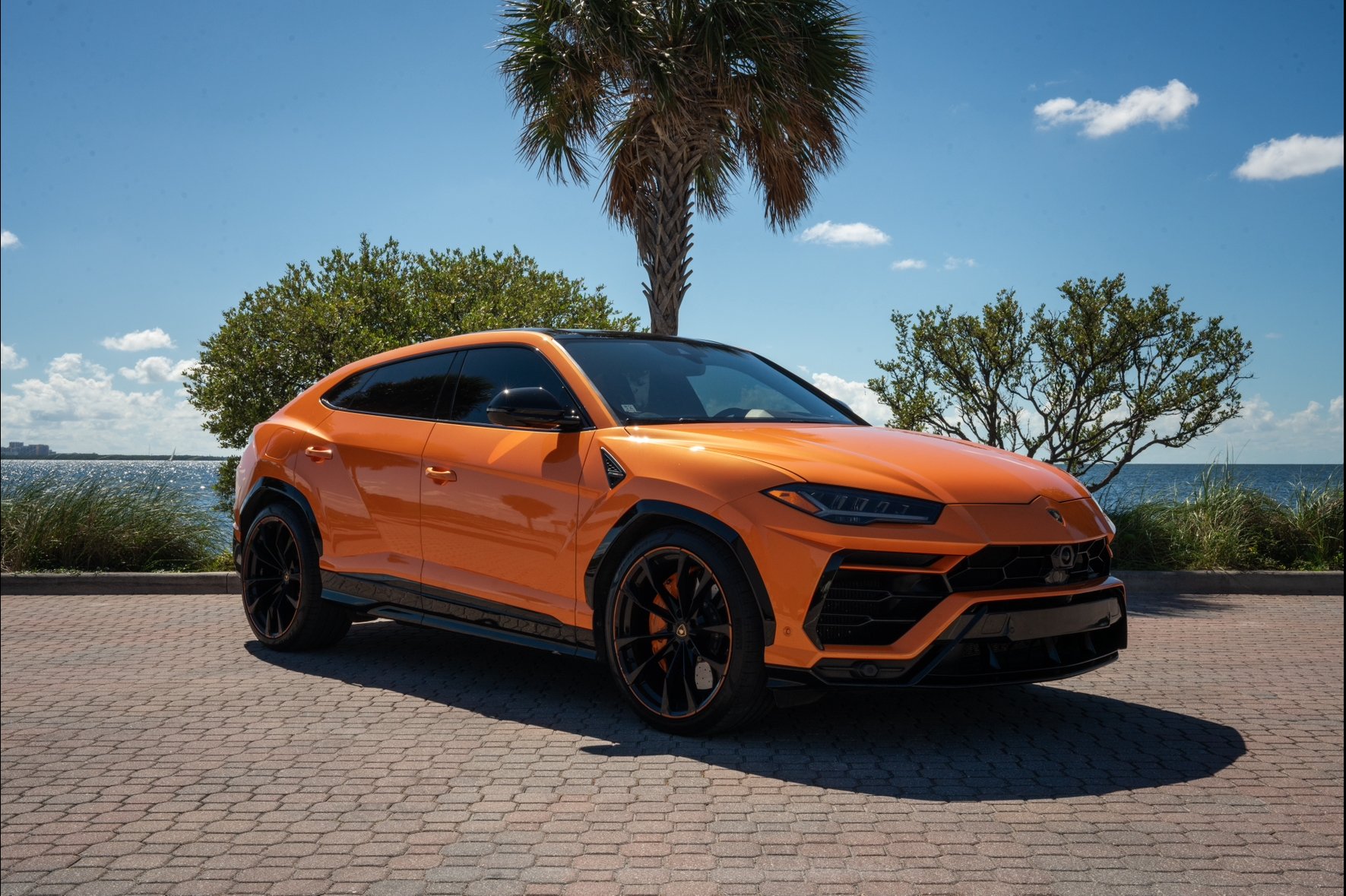 An orange Lamborghini Urus parked on a paved area near the water, with palm trees and greenery in the background under a partly cloudy sky.