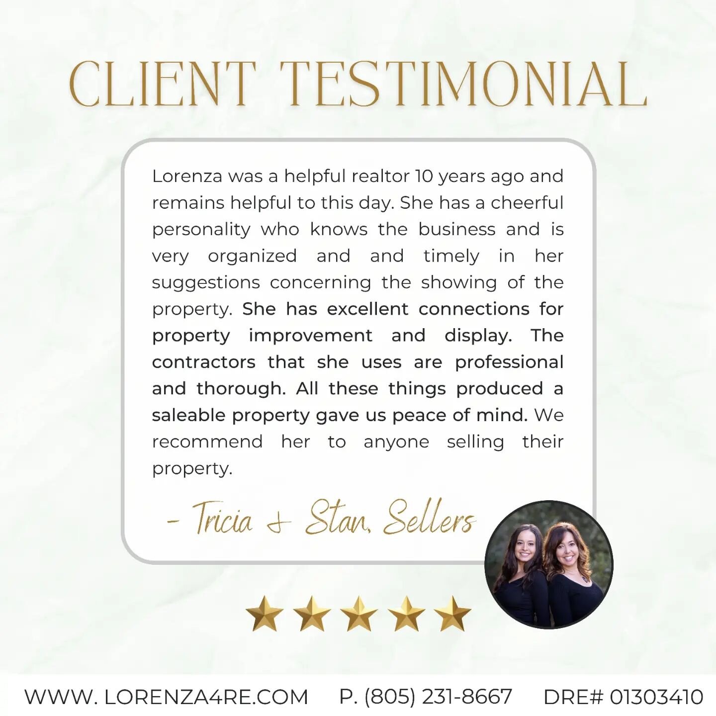 ✨️ Testimonial Tuesday! ✨

 A heartfelt thank you to our incredible clients for their kind words and trust in our services! 🤝 Selling their house was an absolute privilege, and we're thrilled to have exceeded their expectations! 🎉🏡 

Lorenza Rinal