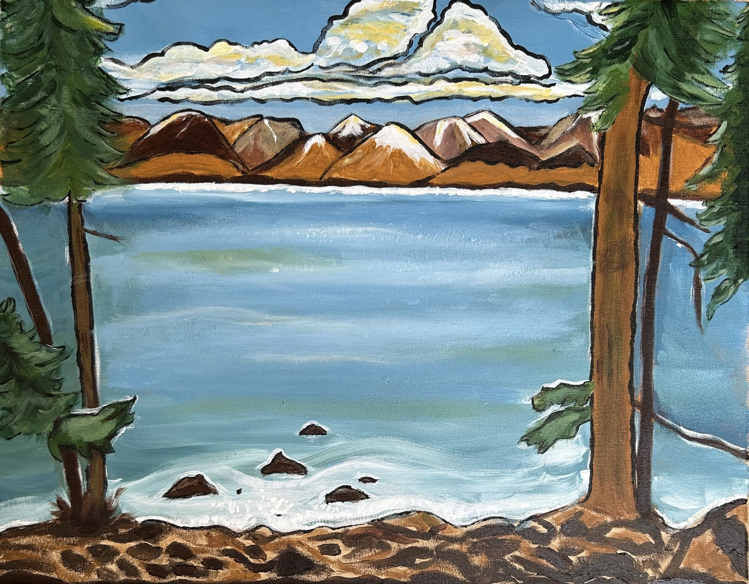 "Mountains and Lake" Acrylic on canvas, 16" x 20", $125