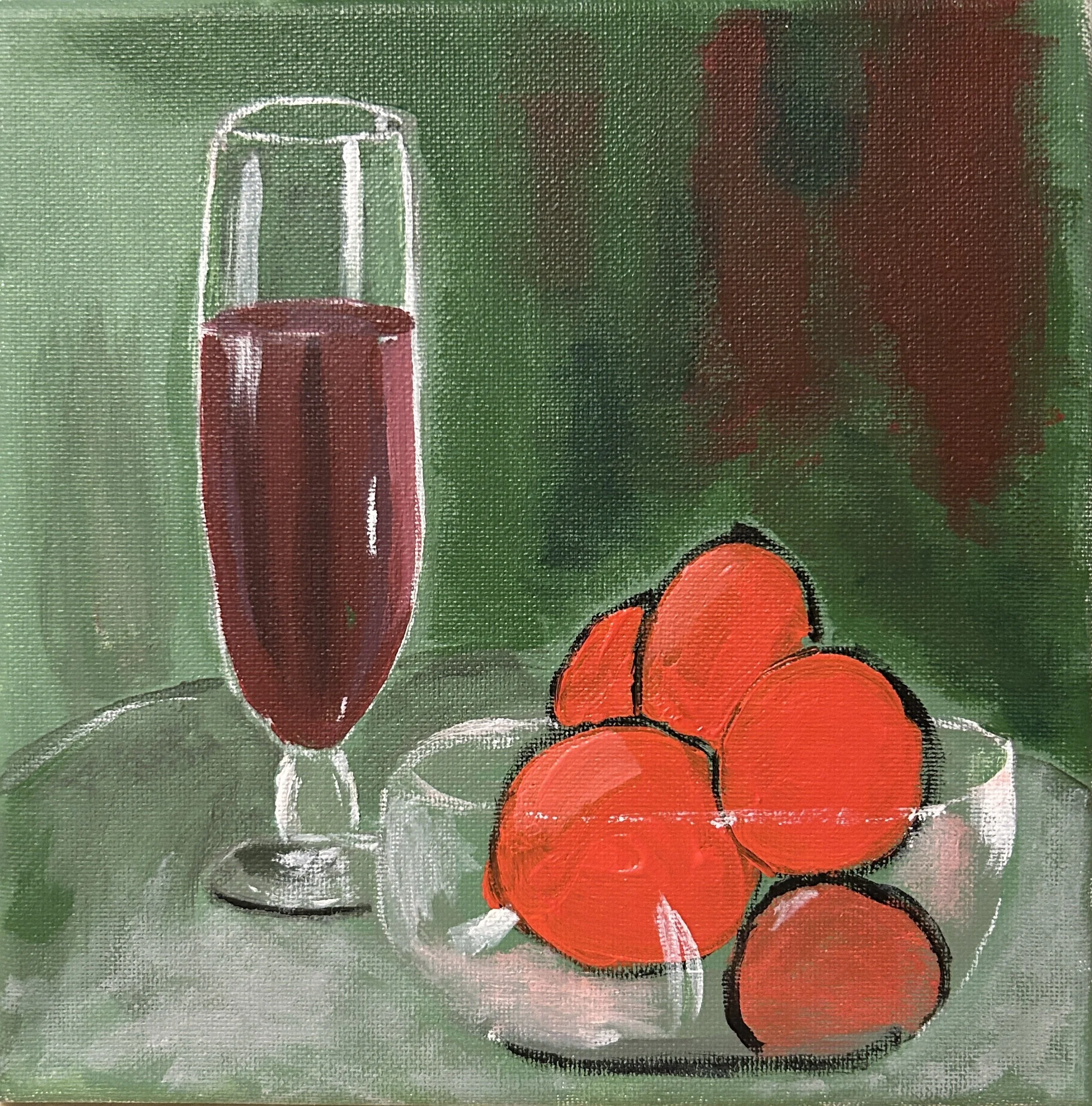 "Wine and Fruit" Acrylic on canvas, 8" x 8" $75