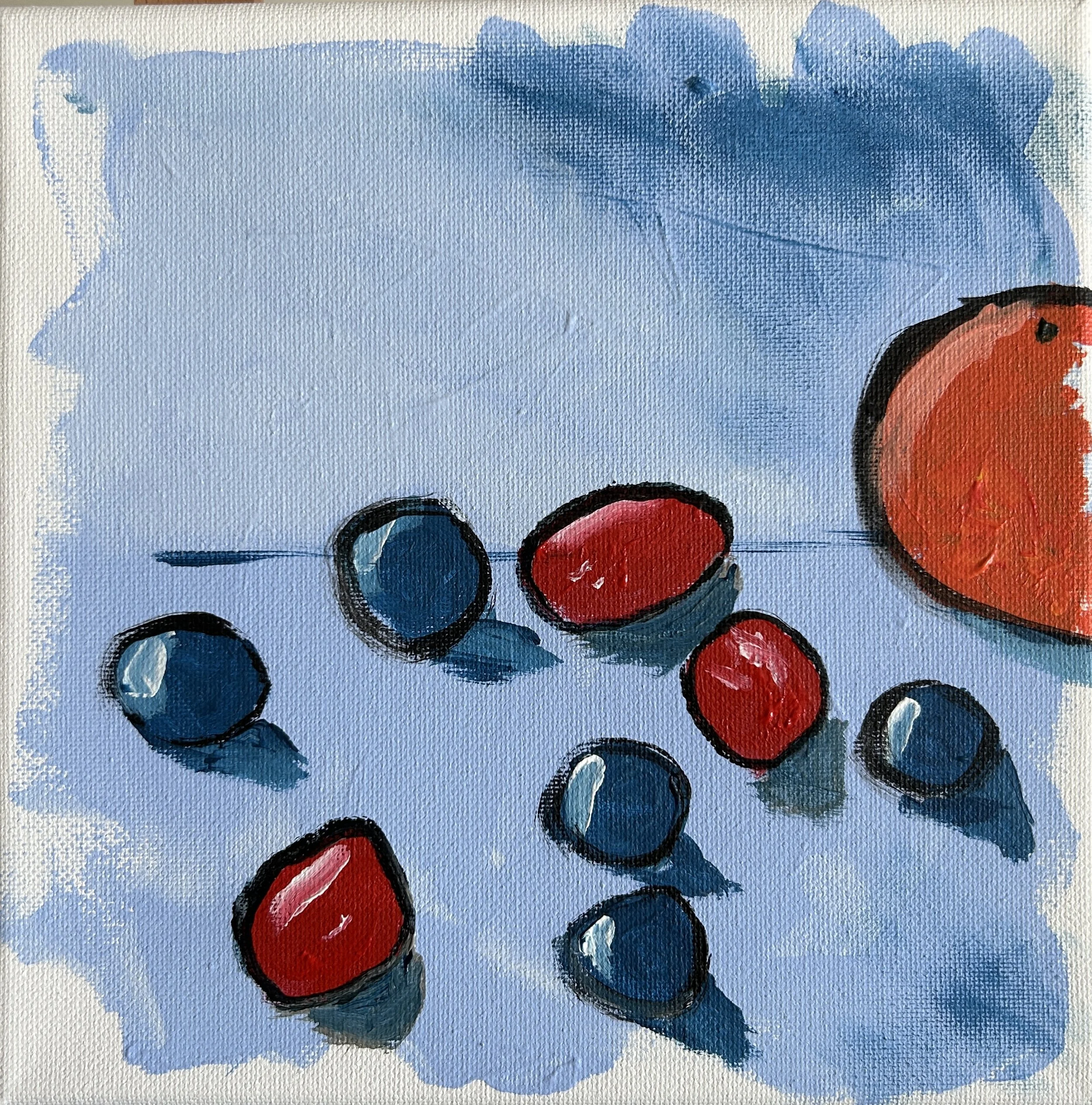 "Scattered Fruit 2" Acrylic on canvas, 8" x 8", $75