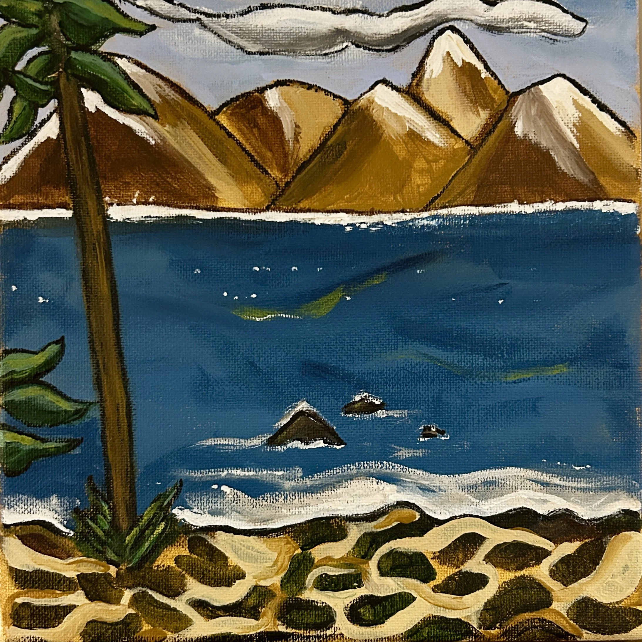 "Mountains and Lake Study" Acrylic on canvas, 8" x 8", $75